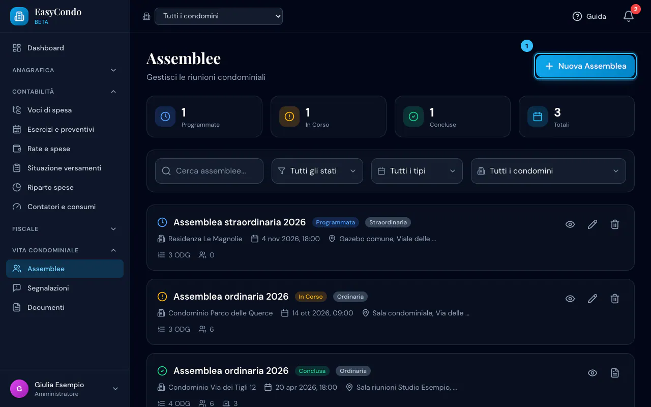 Pagina Assemblee con i contatori per stato, i filtri e tre assemblee: una programmata, una in corso e una conclusa
