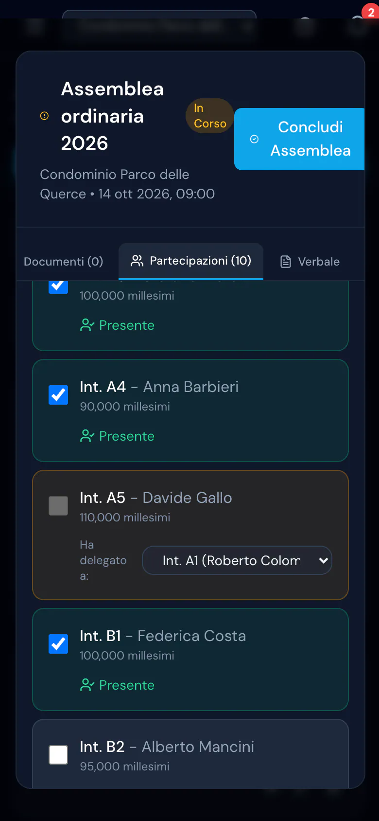 Da smartphone, la scheda Partecipazioni dell'assemblea in corso con le spunte dei presenti e una delega scelta in Ha delegato a