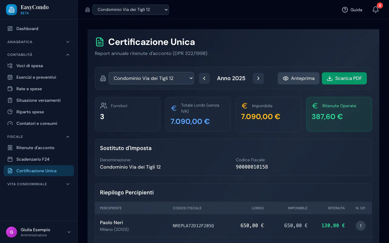 Pagina Certificazione Unica 2025 del Condominio Via dei Tigli 12: 3 fornitori, imponibile di 7.090,00 € e ritenute per 387,60 €