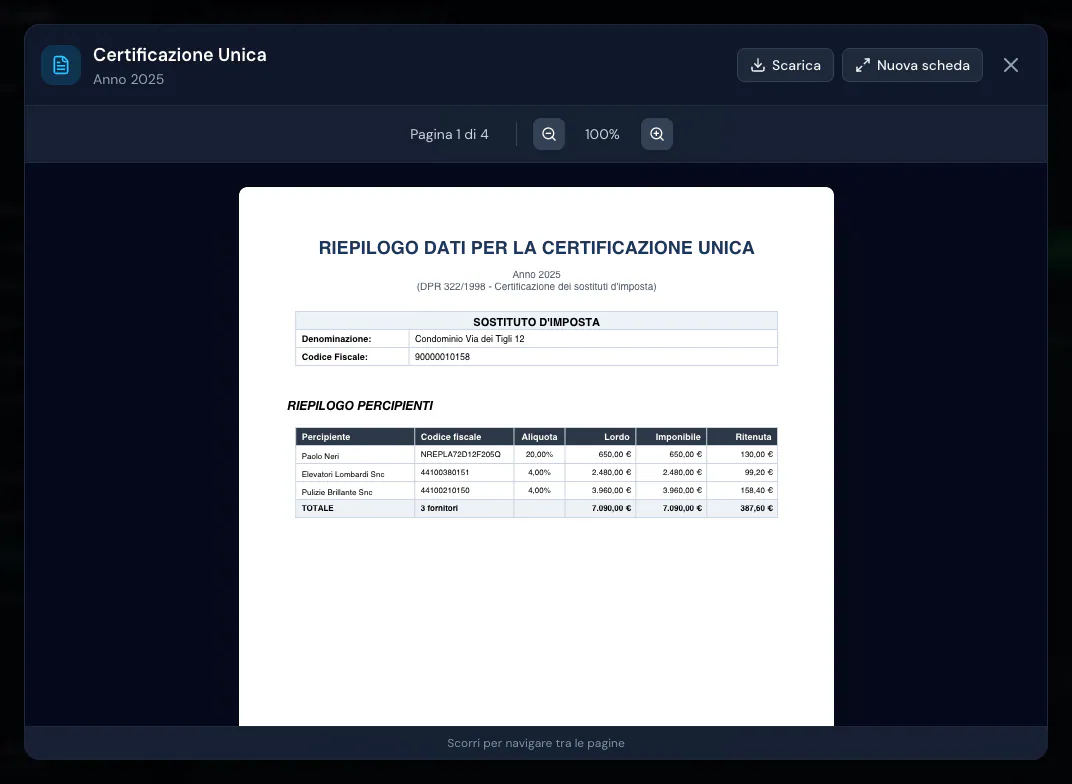 Anteprima del PDF di riepilogo CU 2025, pagina 1 di 4: dati del sostituto d'imposta e tabella dei tre percipienti con aliquota