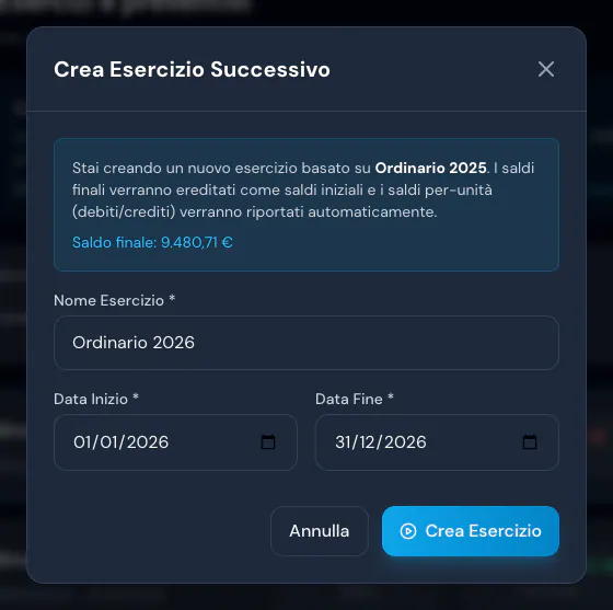 Finestra Crea Esercizio Successivo da Ordinario 2025: saldo finale 9.480,71 €, nome Ordinario 2026, date dal 01/01 al 31/12/2026
