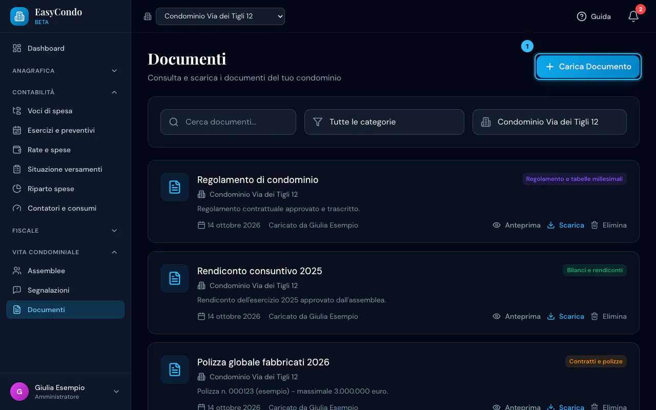 Pagina Documenti: regolamento, rendiconto 2025 e polizza 2026, ognuno con la sua categoria colorata, e il bottone Carica Documento