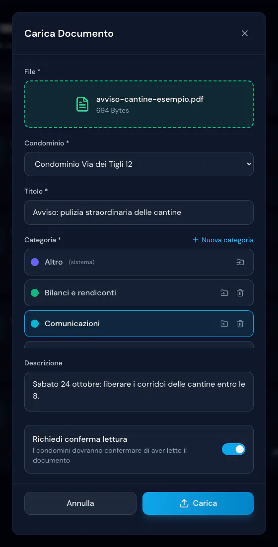 Finestra Carica Documento: avviso in PDF sulla pulizia delle cantine, categoria Comunicazioni e Richiedi conferma lettura attivo