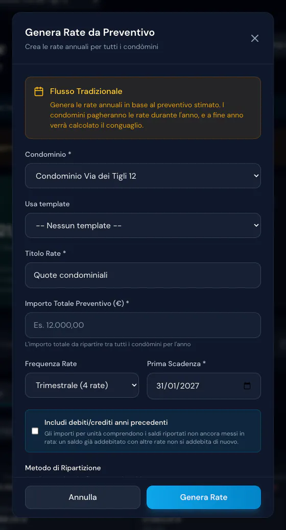 Genera Rate da Preventivo: titolo Quote condominiali, frequenza trimestrale, prima scadenza 31/01/2027 e la casella dei riporti