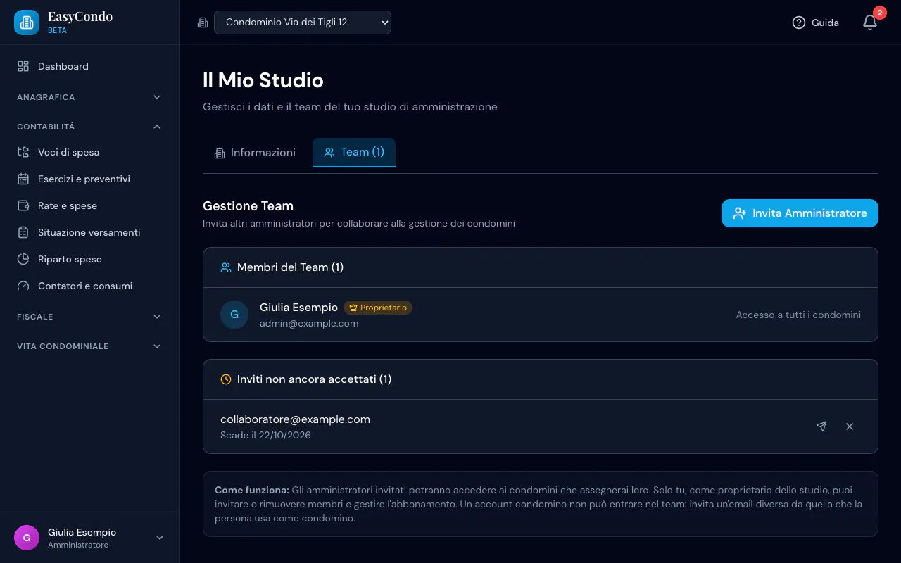 Scheda Team: la titolare Giulia Esempio con accesso a tutti i condomini e l'invito a collaboratore@example.com in scadenza il 22/10/2026