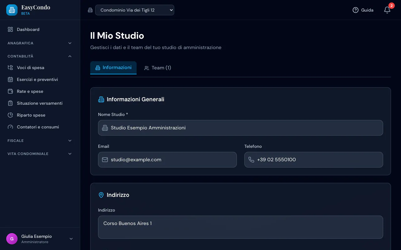 Scheda Informazioni di Il mio studio: nome Studio Esempio Amministrazioni, email, telefono e indirizzo dello studio