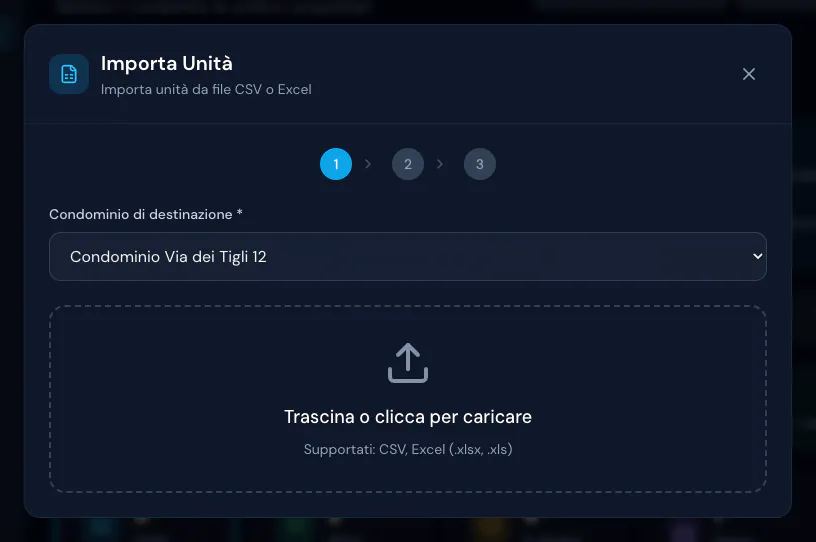 Primo passo dell'import delle unità: Condominio Via dei Tigli 12 come destinazione e area per caricare il file CSV o Excel