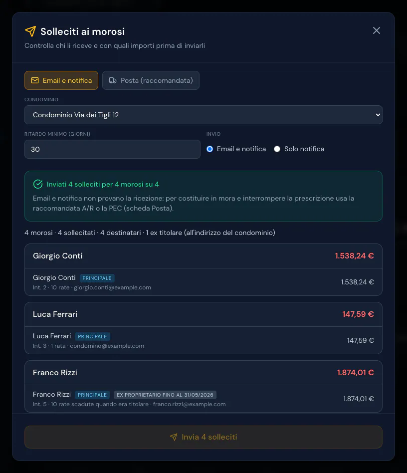 Esito: inviati 4 solleciti per 4 morosi su 4, con l'avviso che email e notifica non provano la ricezione