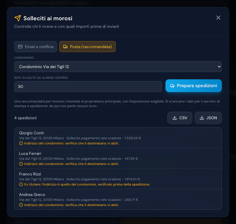 Posta raccomandata: spedizioni preparate per Via dei Tigli 12, con indirizzo, importo nell'oggetto, avvisi e i bottoni CSV e JSON