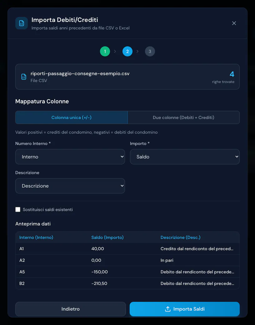 Import dei debiti e crediti da CSV: colonna unica con interno, saldo e descrizione e anteprima di quattro righe, due debiti e un credito
