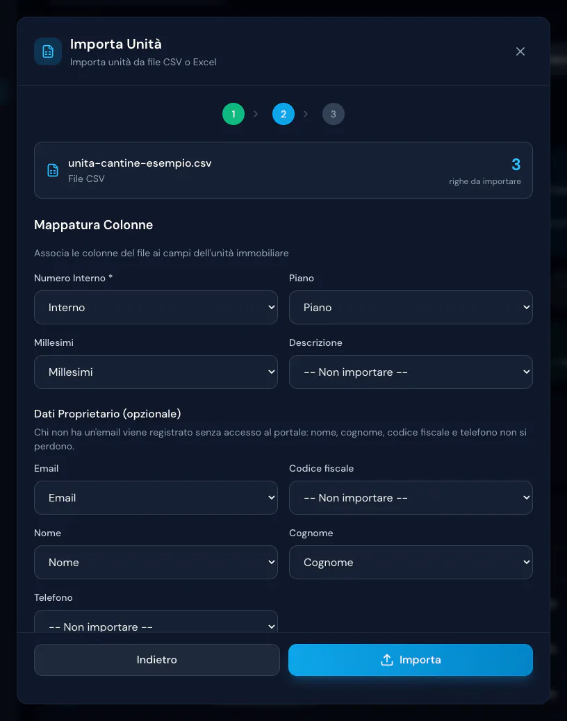 Import delle unità da CSV: colonne Interno, Piano e Millesimi abbinate e dati del proprietario con Email, Nome e Cognome