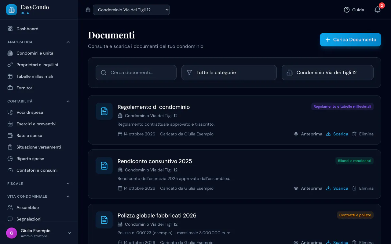 Archivio Documenti di Via dei Tigli 12: regolamento, rendiconto consuntivo 2025 e polizza globale fabbricati con categoria e data