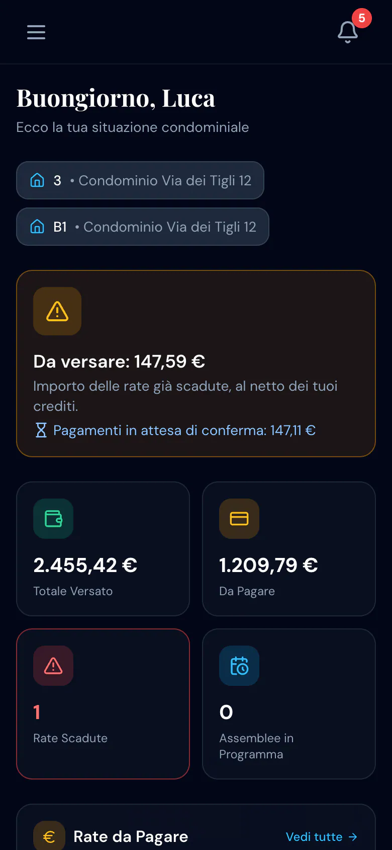 Da smartphone, la dashboard di Luca Ferrari: da versare 147,59 €, pagamenti in attesa di conferma 147,11 € e una rata scaduta