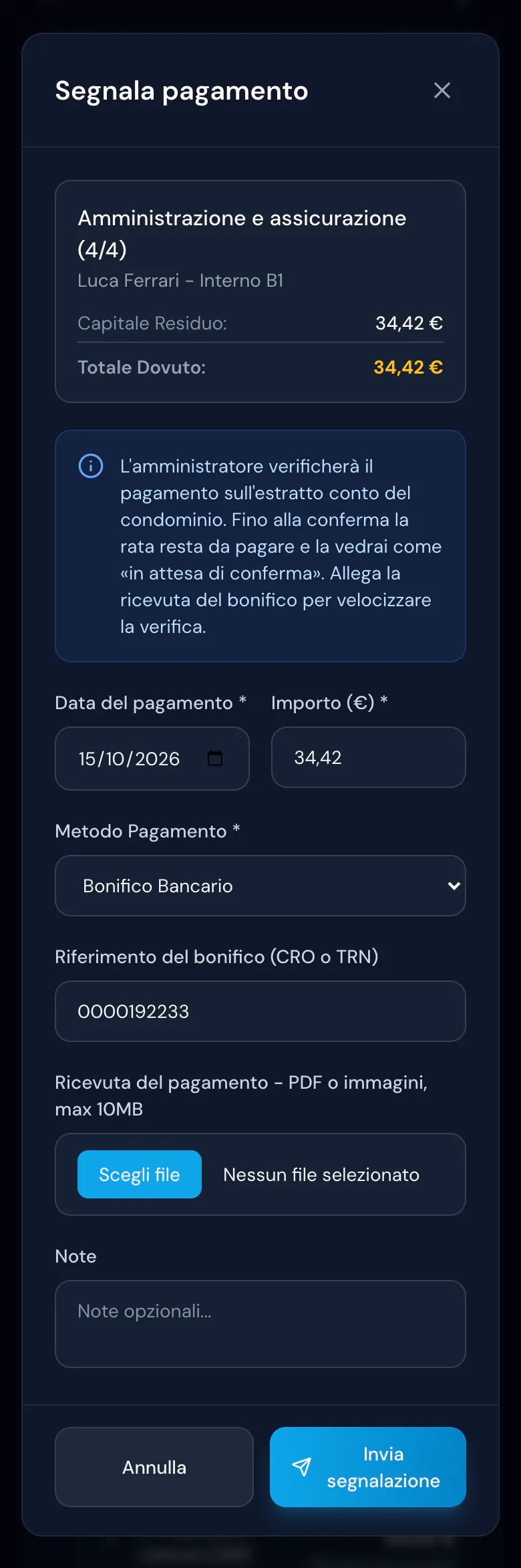 Da smartphone, la finestra Segnala pagamento di una rata da 34,42 €: data, importo, Bonifico Bancario, riferimento CRO o TRN e ricevuta da allegare