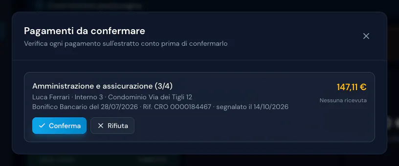 Finestra Pagamenti da confermare: bonifico di 147,11 € di Luca Ferrari, interno 3, con riferimento CRO e i bottoni Conferma e Rifiuta