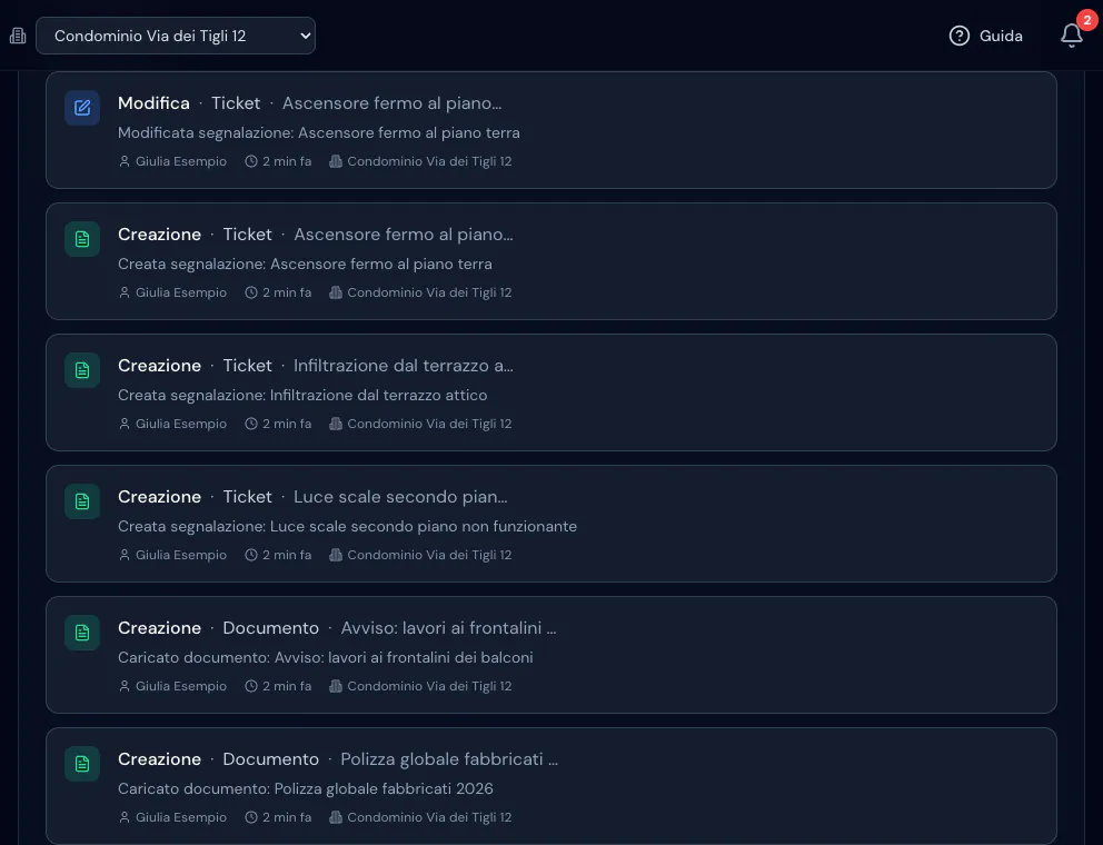 Righe del registro attività: creazioni e modifiche di segnalazioni e documenti con autore, tempo trascorso e condominio