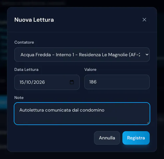 Finestra Nuova Lettura: contatore della villetta 1, data 15/10/2026, valore 186 e nota sull'autolettura del condòmino