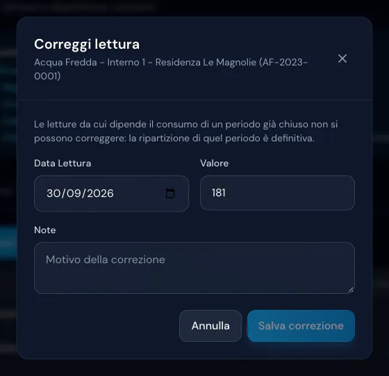 Finestra Correggi lettura del contatore della villetta 1: data 30/09/2026, valore e note, con Salva correzione
