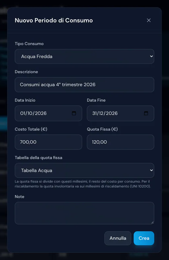 Nuovo periodo di consumo dell'acqua fredda: 4° trimestre 2026, costo 700,00 €, quota fissa 120,00 € sulla Tabella Acqua