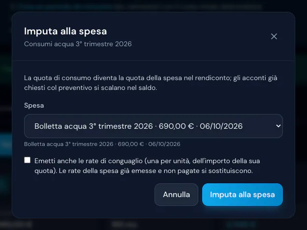 Finestra Imputa alla spesa: la Bolletta acqua 3° trimestre 2026 da 690,00 € scelta e la casella per emettere le rate di conguaglio