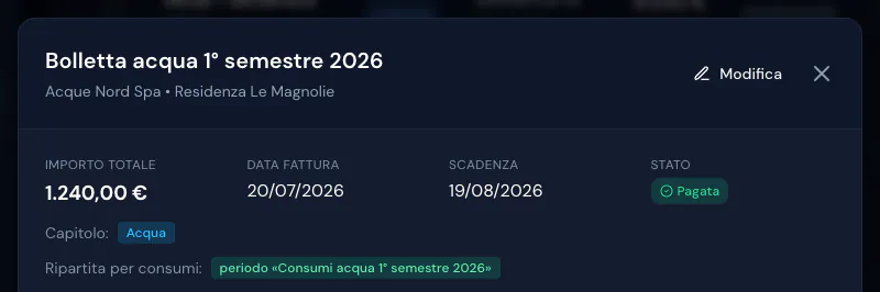 Dettaglio della spesa Bolletta acqua 1° semestre 2026 da 1.240,00 €, ripartita per consumi dal periodo del 1° semestre
