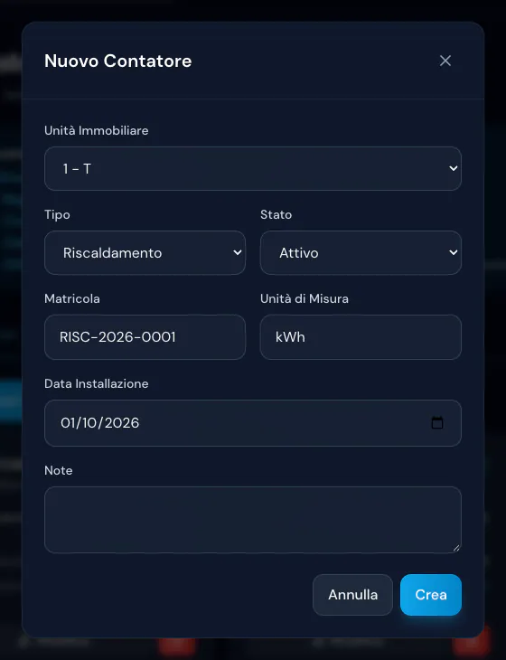 Nuovo contatore di tipo Riscaldamento per l'interno 1, matricola RISC-2026-0001, unità di misura kWh e data di installazione