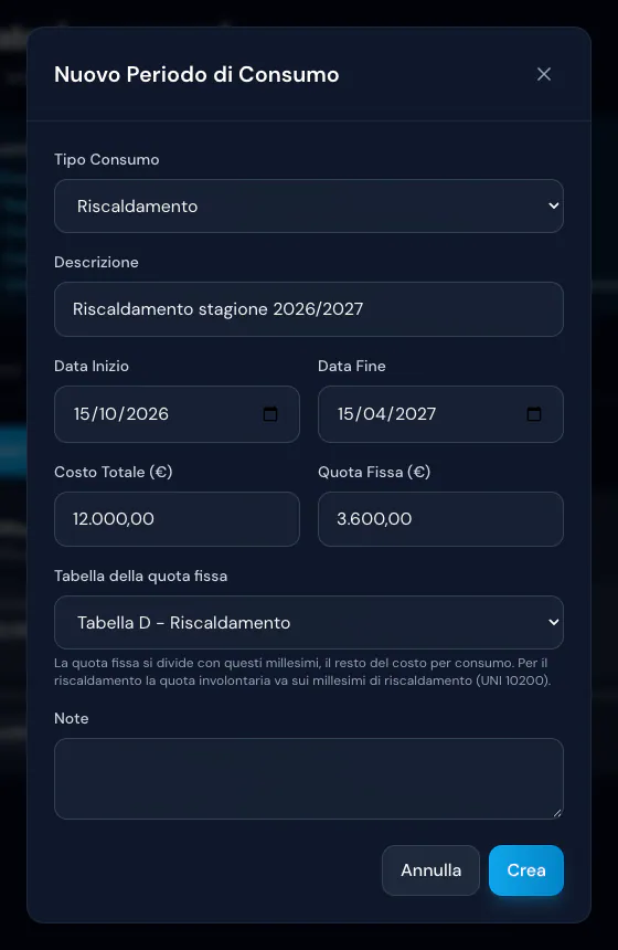 Nuovo periodo di riscaldamento 2026/2027: costo totale 12.000,00 €, quota fissa 3.600,00 € sulla Tabella D - Riscaldamento