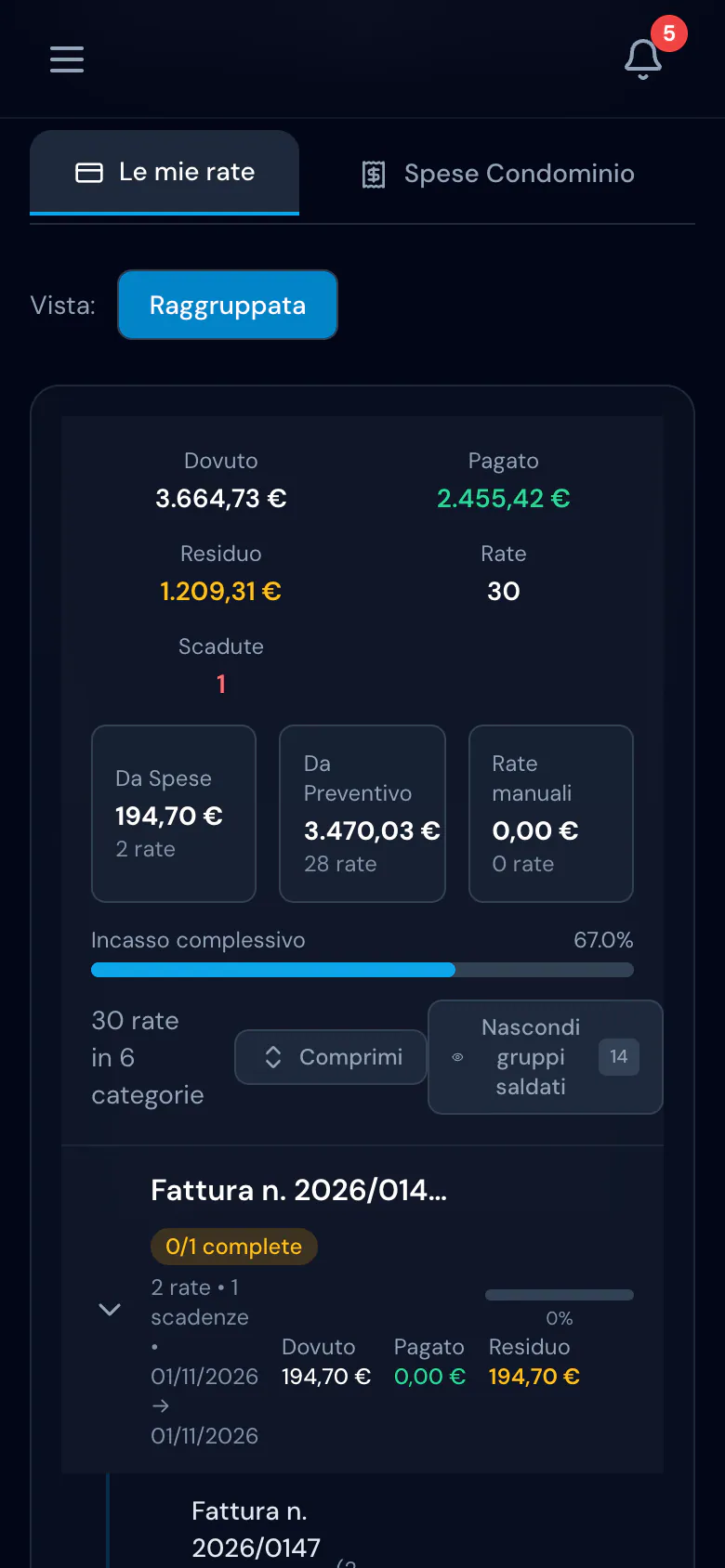 Da mobile, la scheda Le mie rate di un condomino: dovuto 3.664,73 euro, pagato 2.455,42 euro, due rate di una fattura per 194,70 euro