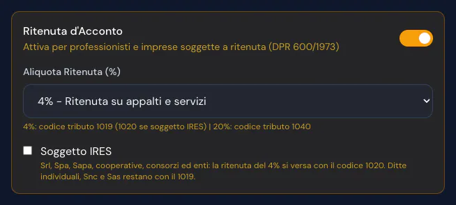 Scheda del fornitore: ritenuta d'acconto attiva al 4% su appalti e servizi, casella Soggetto IRES non spuntata (codice 1019)