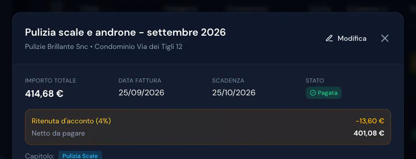 Spesa Pulizia scale e androne di settembre 2026, pagata: totale 414,68 €, ritenuta 4% di 13,60 €, netto da pagare 401,08 €