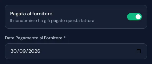 Modifica della spesa: interruttore Pagata al fornitore attivo e Data Pagamento al Fornitore del 30/09/2026