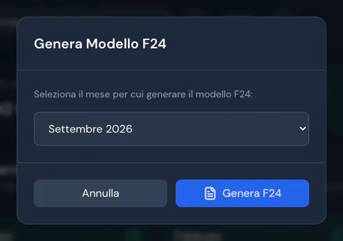 Finestra Genera Modello F24 con il mese di settembre 2026 selezionato e i pulsanti Annulla e Genera F24