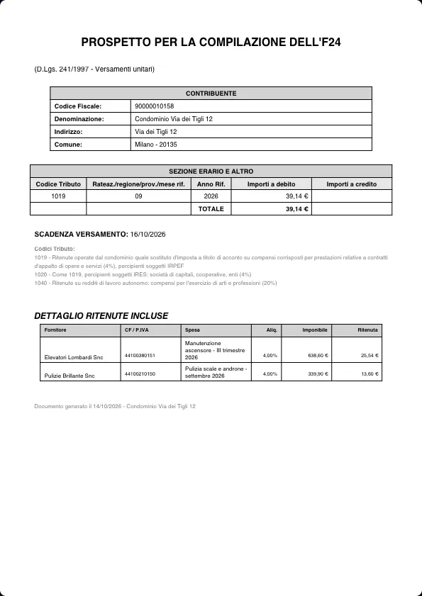 Prospetto F24 di settembre 2026: codice tributo 1019, mese 09, anno 2026, 39,14 € in scadenza il 16/10/2026