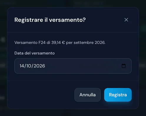 Finestra Registrare il versamento? per l'F24 di settembre da 39,14 €, con la data del versamento e il pulsante Registra