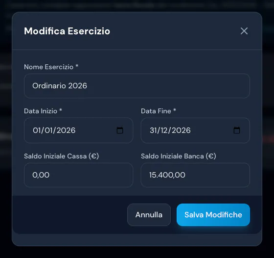 Modifica dell'esercizio Ordinario 2026 con saldo iniziale di cassa 0,00 € e saldo iniziale di banca 15.400,00 €