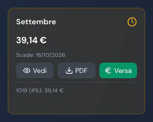 Scheda di settembre 2026: 39,14 € con codice tributo 1019, scadenza 16/10/2026 e bottoni Vedi, PDF e Versa