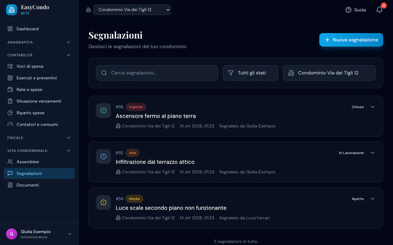 Elenco segnalazioni: ascensore fermo (Urgente, Chiuso), infiltrazione dal terrazzo (In Lavorazione), luce scale (Aperto) di Luca Ferrari