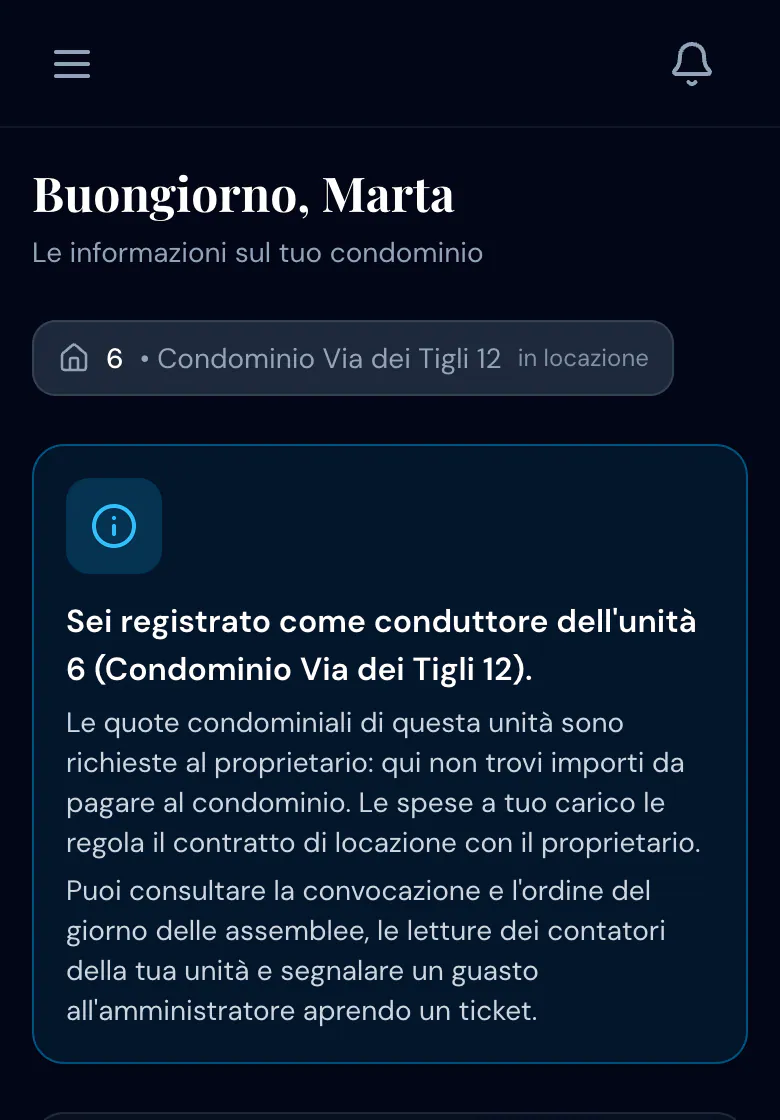 Dashboard della conduttrice Marta Galli da smartphone: avviso che le quote sono richieste al proprietario e nessun importo da pagare
