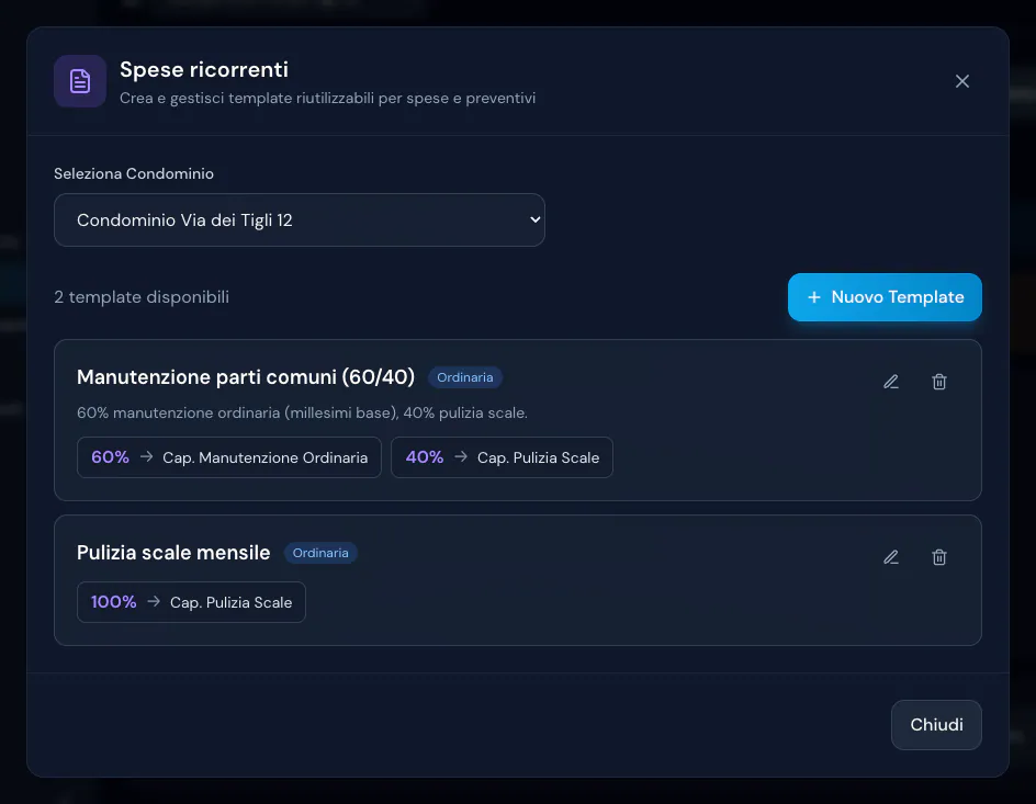 Spese ricorrenti del Condominio Via dei Tigli 12: modello Manutenzione parti comuni 60/40 su due voci e modello Pulizia scale mensile